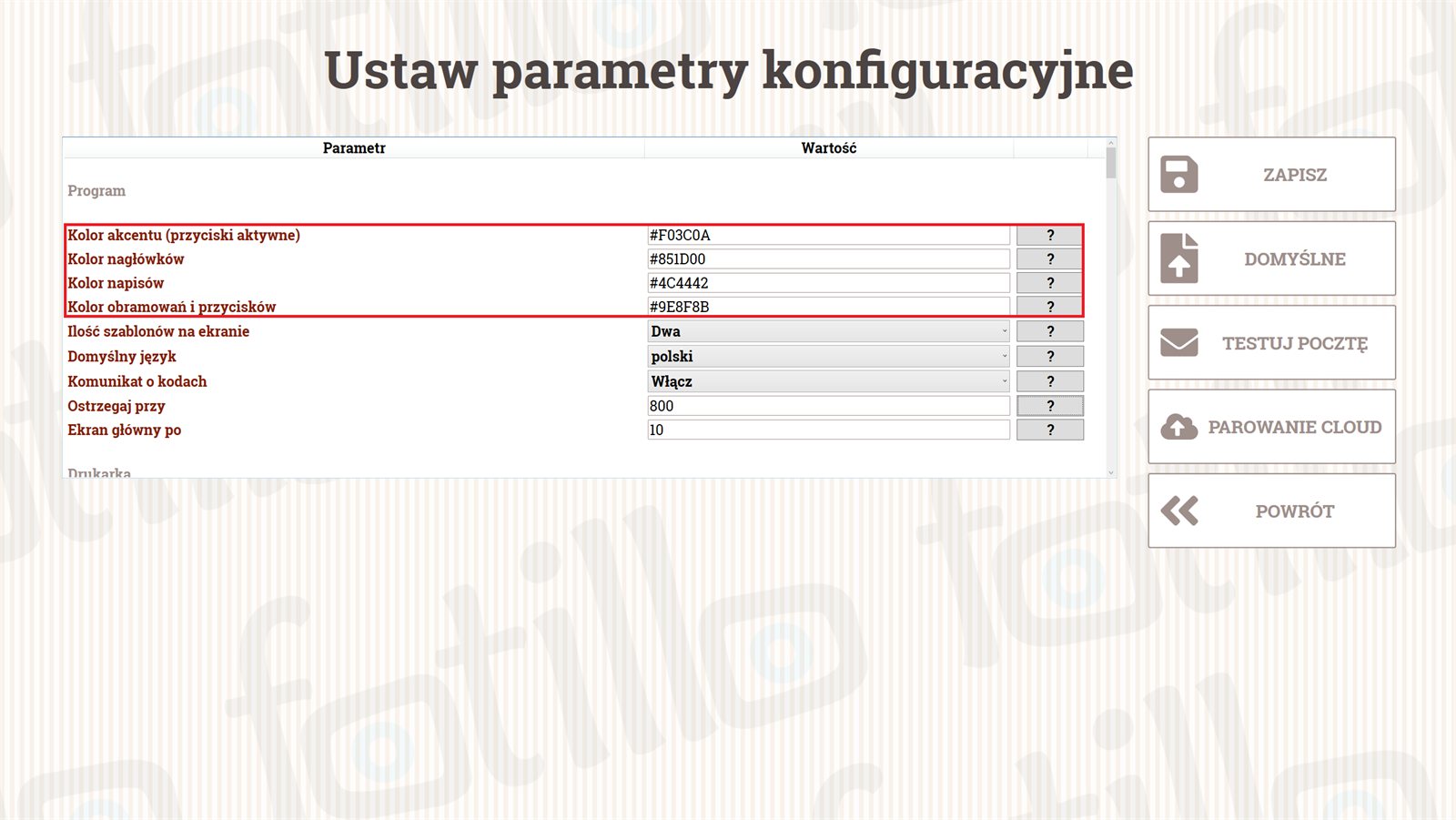 Kolory interfejsu w sekcji Program