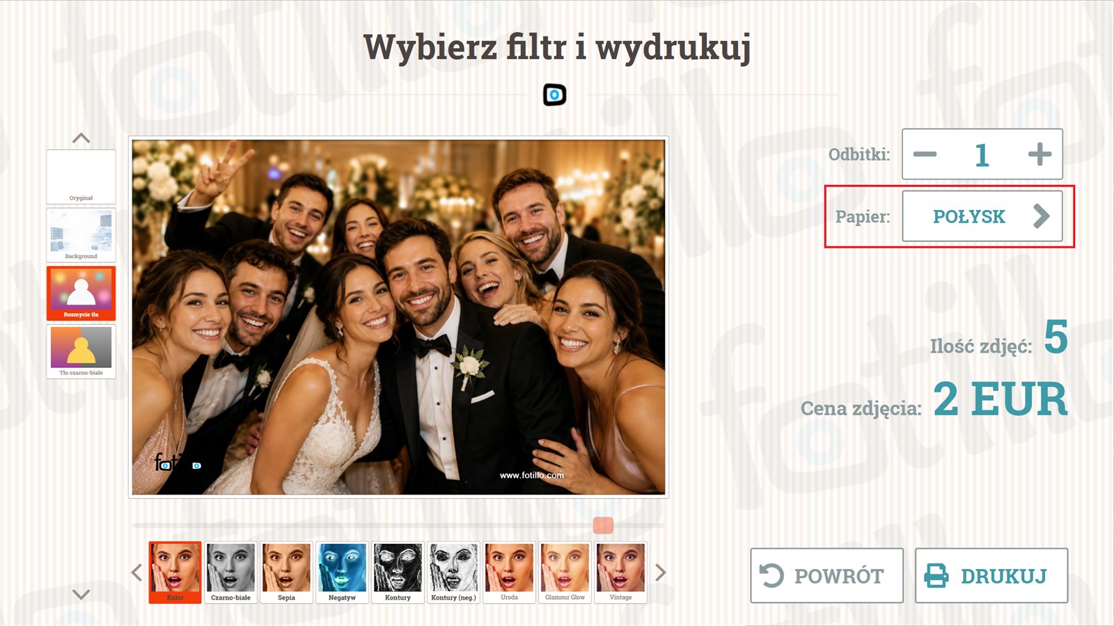 Wybor wykonczenia papieru na ekranie druku