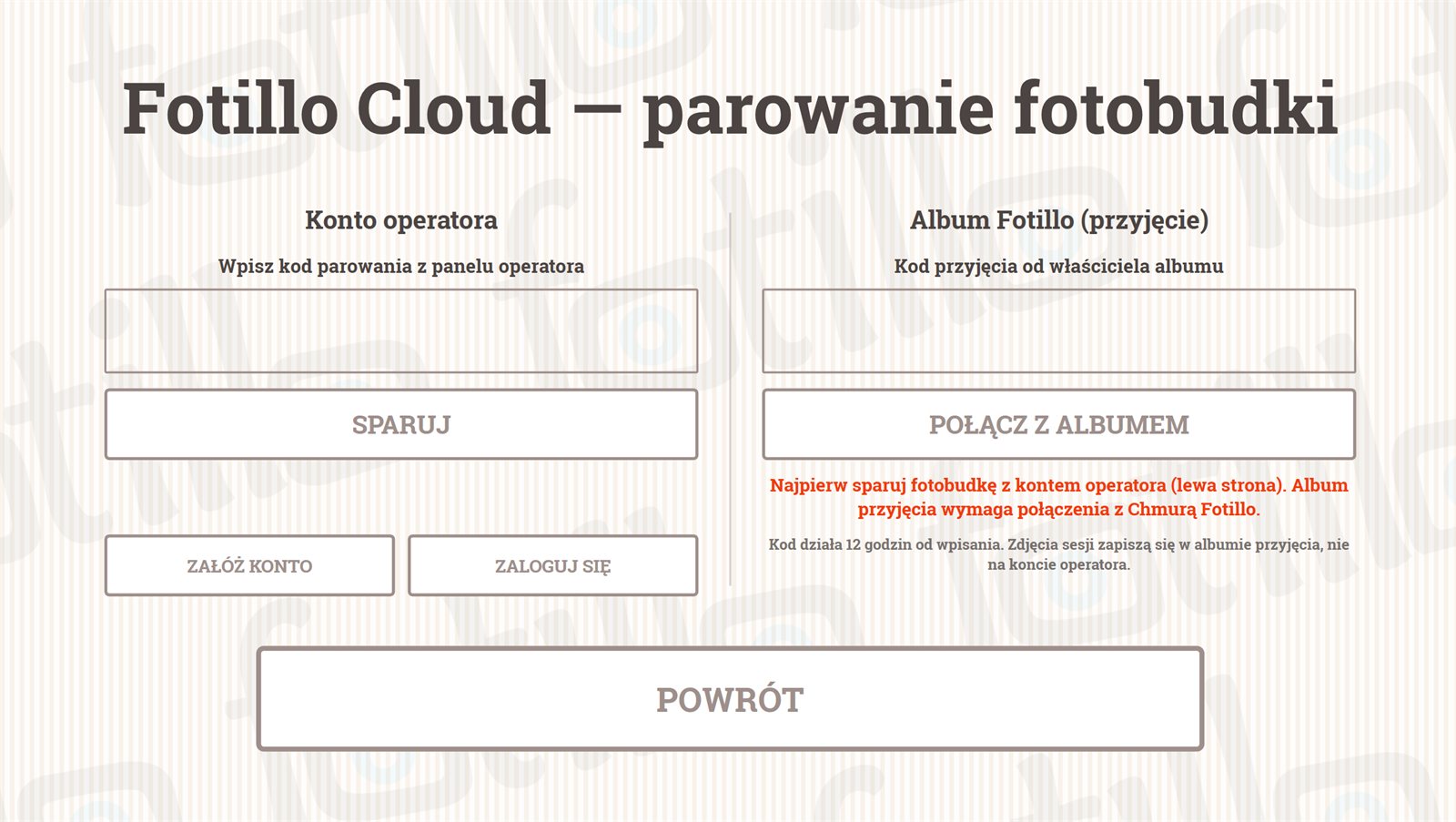 Okno Fotillo Cloud z kodem przyjecia