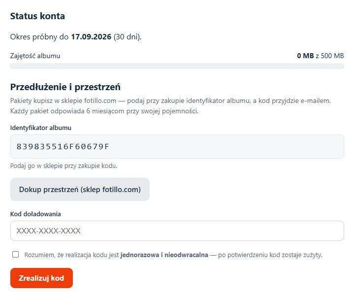 Panel albumu — status konta i doładowanie